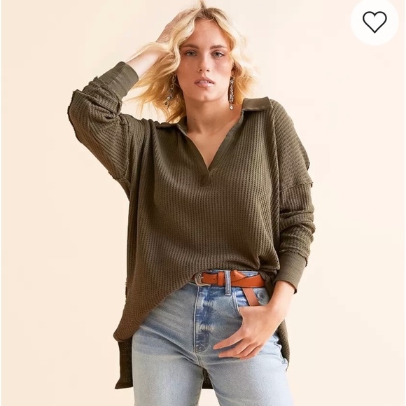 We The Free People Womens Travis Oversized Thermal V-Neck Polo Shirt Green Small - Picture 1 of 13